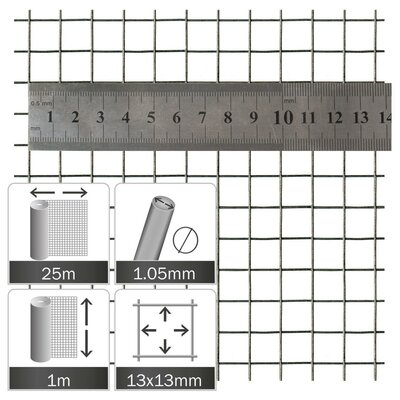 Verzinkt gaas 13x13x1.05mm, rol 25x1.0m